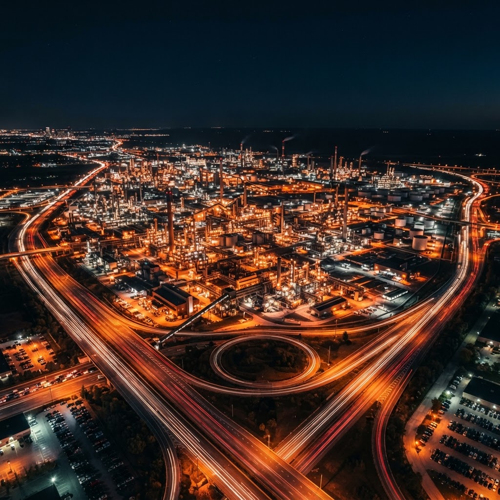 Vista aérea nocturna de un complejo industrial iluminado