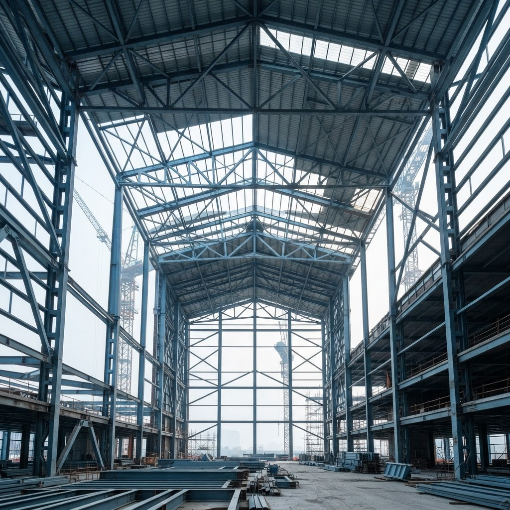 Estructura metálica de una obra en construcción con grúas